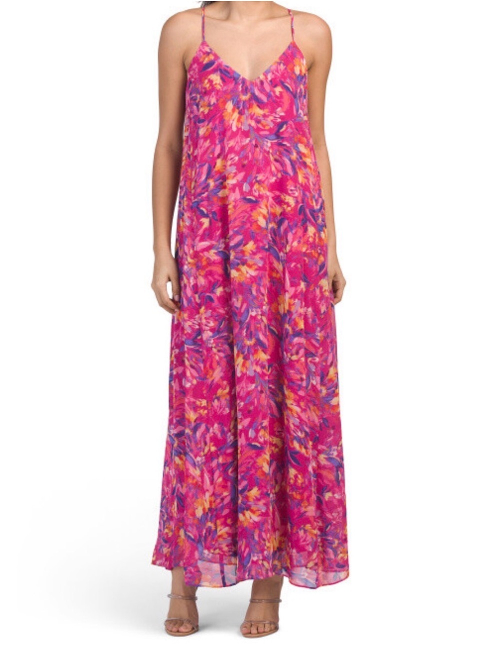 Nicole Miller Women’s Abstract Floral Pink Printed V-Neck Maxi Dress